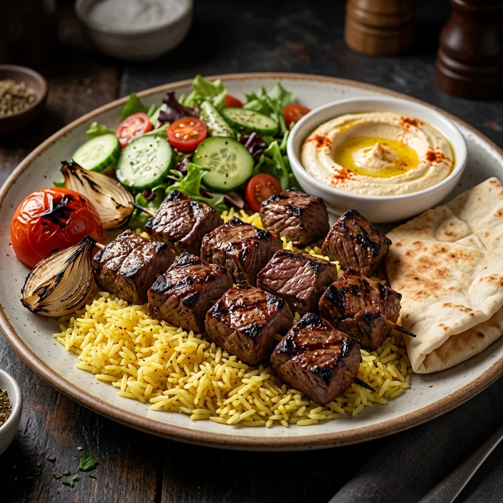 Halal beef tikka platter from the open-flame grill at Mashawi Market & Grill, Calgary